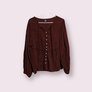 Old Navy Ruffled Split-String Tie Neck Button Down Burgundy Blouse